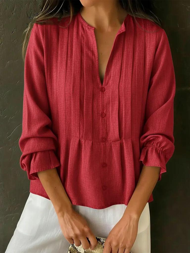 2026 Spring/Summer Women's V-neck Long Sleeve Striped Cotton-Linen Shirt