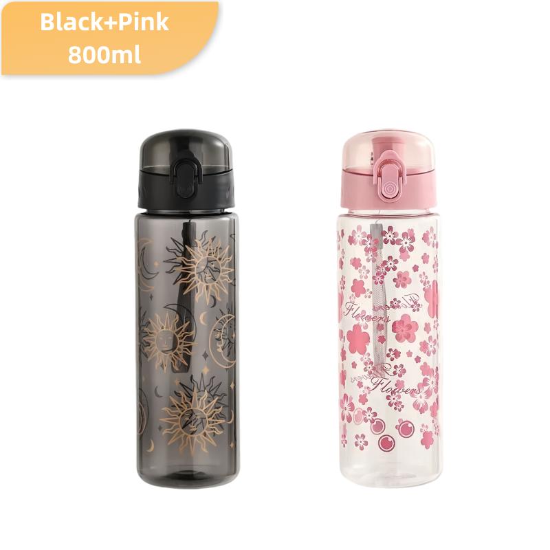 800ml Large Capacity Sports Transparent Water Bottle Leakproof Flower Plastic Drinking Bottles Outdoor Cycling Hiking Gym Jugs