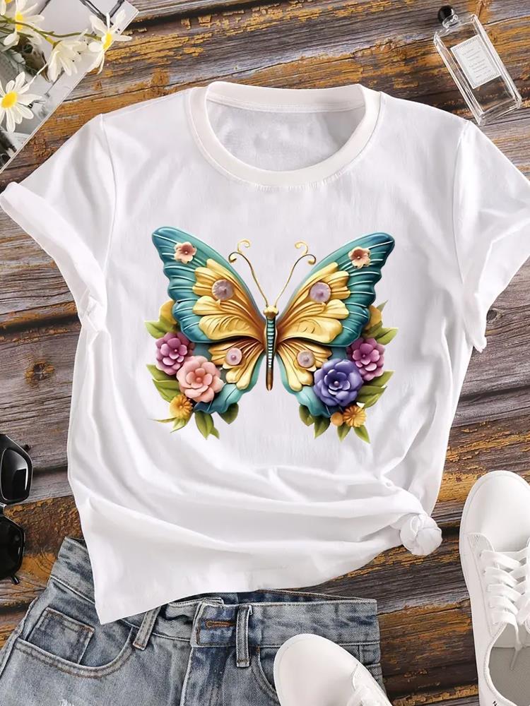 (Asian Size) Printed Female Top T Shirt letter flower Clothing Lady o-neck Short Sleeve T-shirts Casual Fashion Women Graphic Tee
