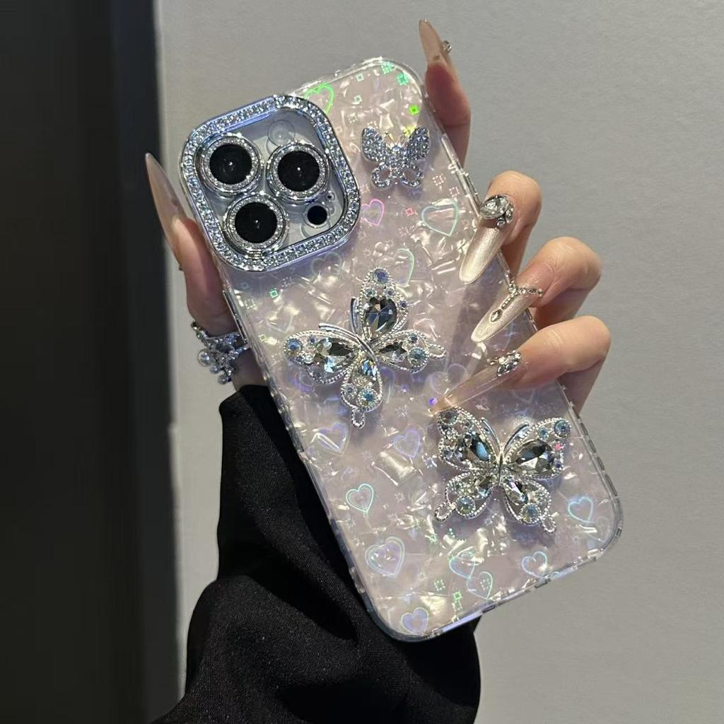 Applicable To Apple 17ProMax Rhinestone Pearl Butterfly Mobile Phone Case iPhone16 Shell Pattern 15 Laser Anti-drop Cover