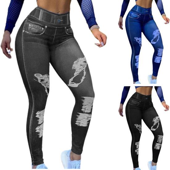 Strečové fitness kalhoty s vysokým pasem, distressed imitace džínů, kalhoty na cvičení pro jógu, zvedající hýždě
