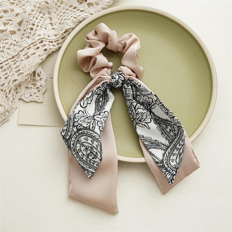 25cm Flower Print Bowknot Elastic Hair Band Women Scrunchie Girls Hair Tie Ponytail Holder Headband Hair Rope Hair Accessories