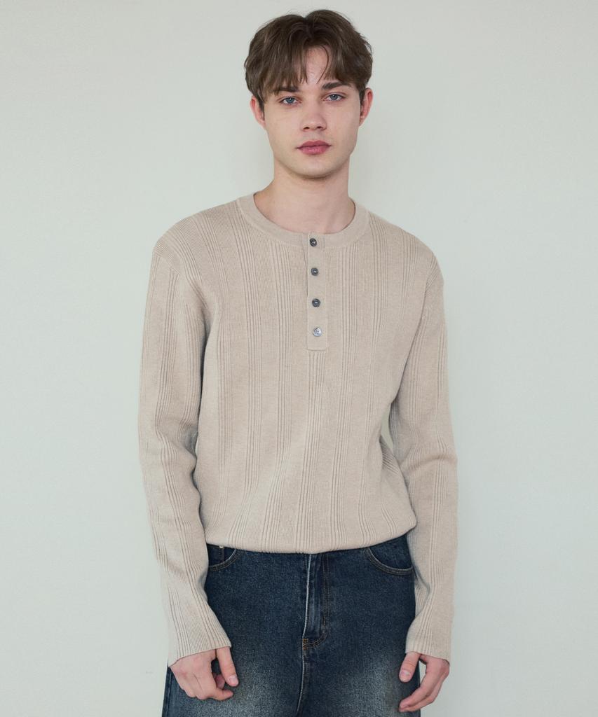 Wednesday Oasis Always Ribbed Henley Neck Washable Knit_Beige(Wc25_Kn04)