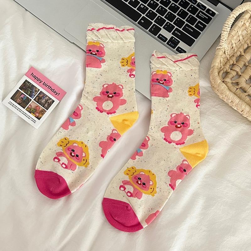 Little Beaver Ruby Socks for Girls Cute and Trendy Pink Girlish Cartoon Mid-calf Socks Colorful Dot Pile Socks
