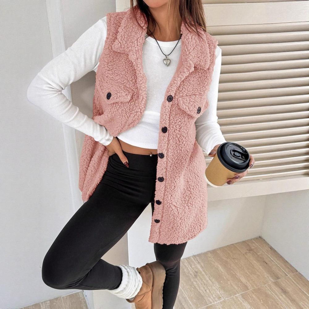 Women's Lapel Sleeveless Vest Oversized Fit Solid Color Single Button Pocket Winter Fleece Gilet