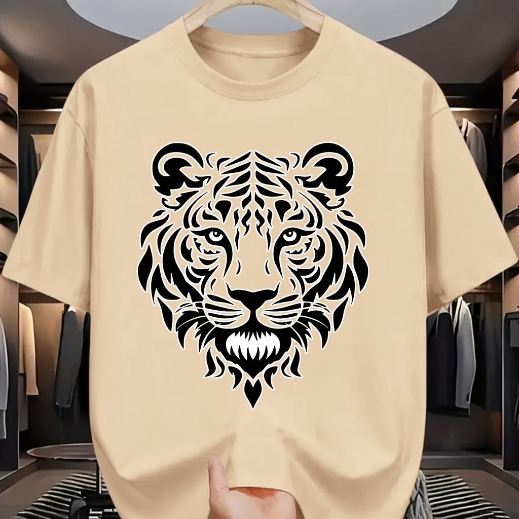 Tribal Tiger Head Graphic Tee Men Summer Casual Short Sleeve Print Crew Neck Cotton TShirt