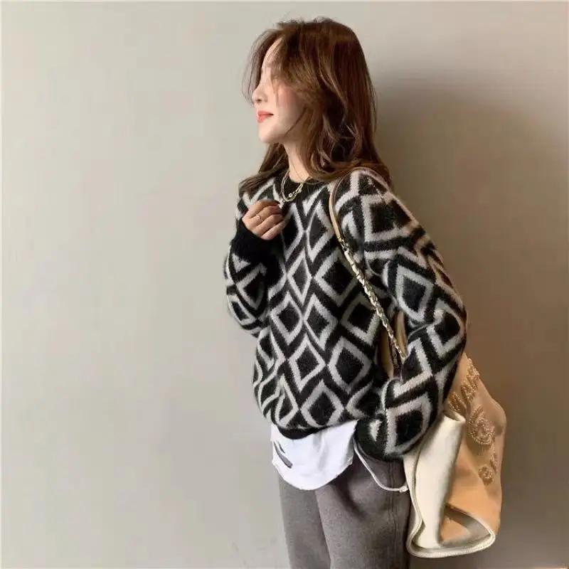 

Пуловер, свитер, осенне-зимний женский дизайн, маленькая свободная верхняя одежда, черный женский свитер в клетку «Тысяча птиц» One Size чёрный