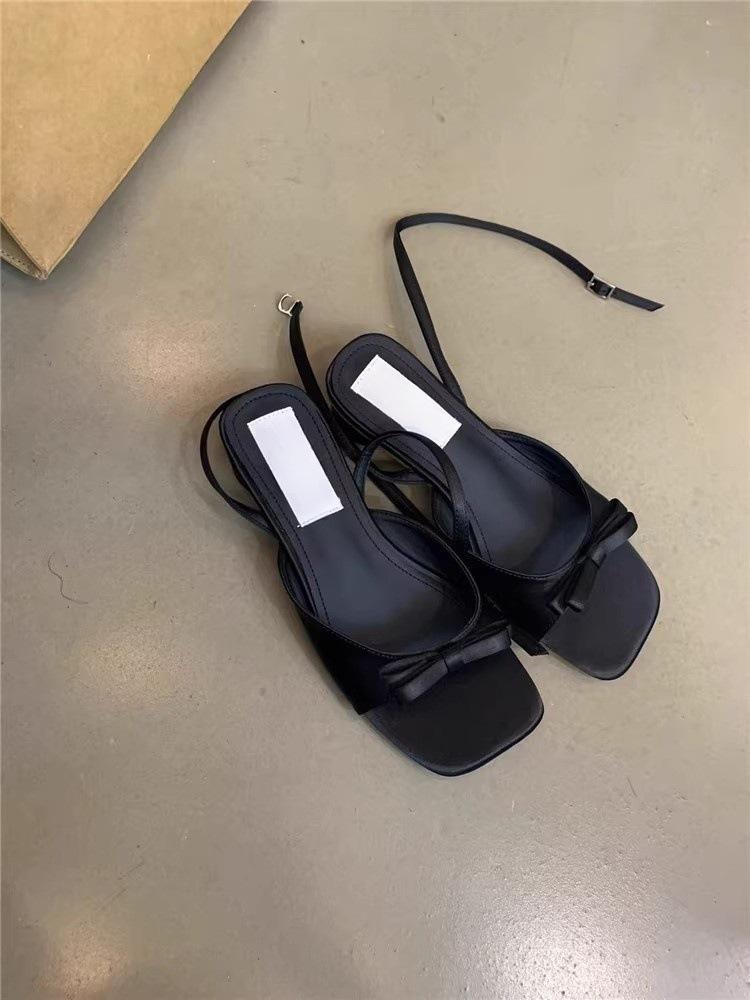 French bow design sense niche sweet square head sandals women's summer wear one word thin belt thick heel