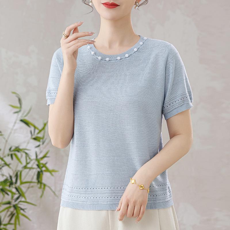

2026 Women s Tencel Knit Hollow Woven Half Sleeve Round Neck Top 115 синій