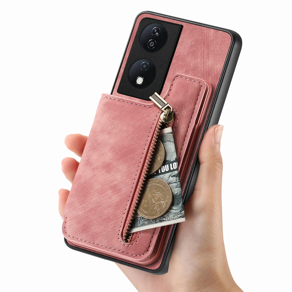 D15 For Honor X7b 4G/90 Smart Case with Card Holder Retro Leather+TPU Zipper Phone Cover