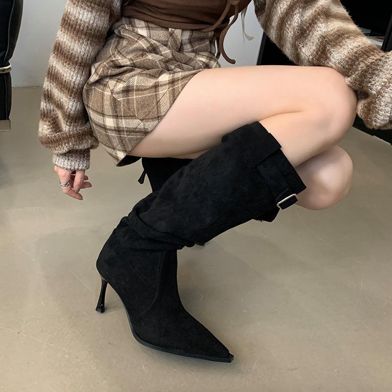 Big Boots, Fashionable Pointed Piled Boots, Pleated Thin High Heels, High Boots, Thin Boots, But Knee Boots