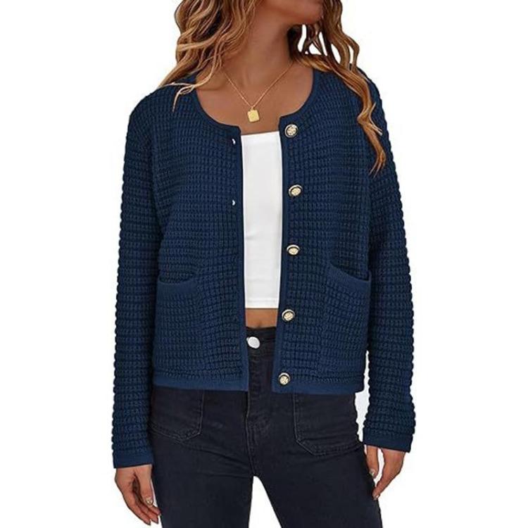 Women's Fashion French Elegant Short Knitted Coat with Pockets Round Neck Long Sleeve Buttoned Solid Soft Comfortable