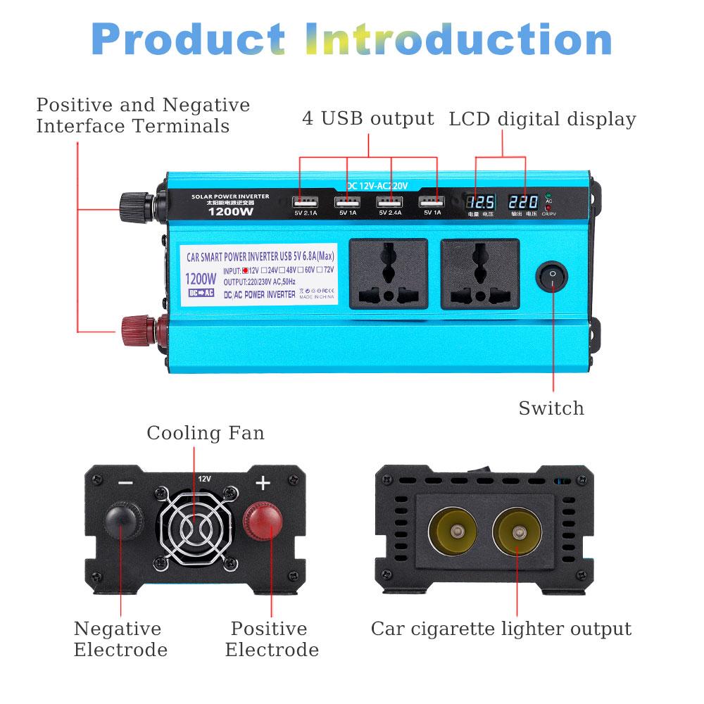 1200W invertor DC 24V na AC 220V Konverzní transformátor napětí Duální cigaretový zapalovač Auto Invertor 4USB univerzální zástrčka