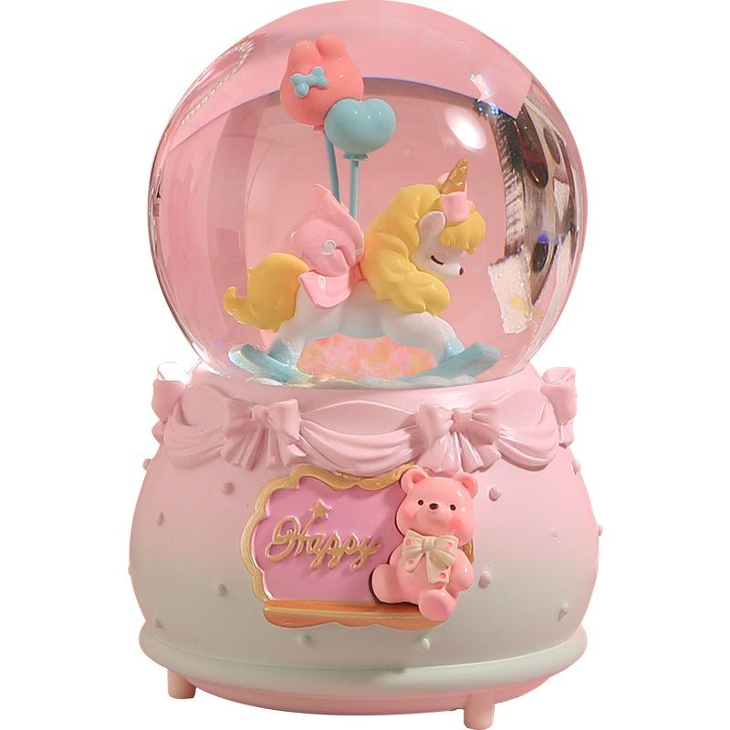 Creative Rotating Unicorn Crystal Ball Music Box with Luminous Snowfall