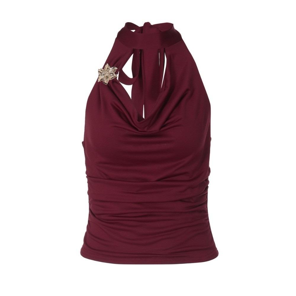 Pleated Slim Crop Top Deep V Backless Vest Women Simple Hanging Neck Top  Lady M красный