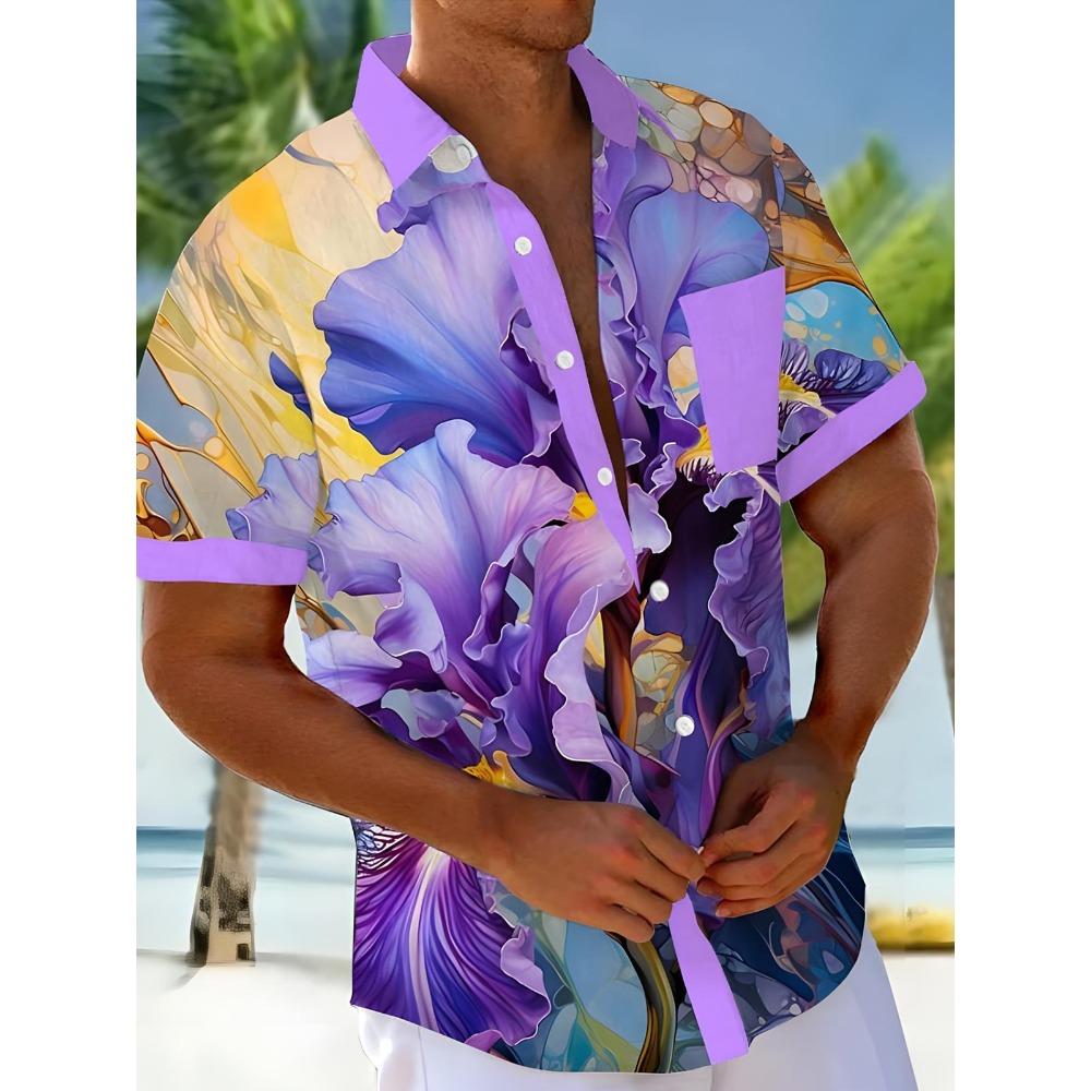 Nuova Camicia Stampata Hawaii Primavera/Estate Moda Tempo Libero Passeggiata in Strada Turista Spiaggia Apertura Totale Manica Corta con Bottoni