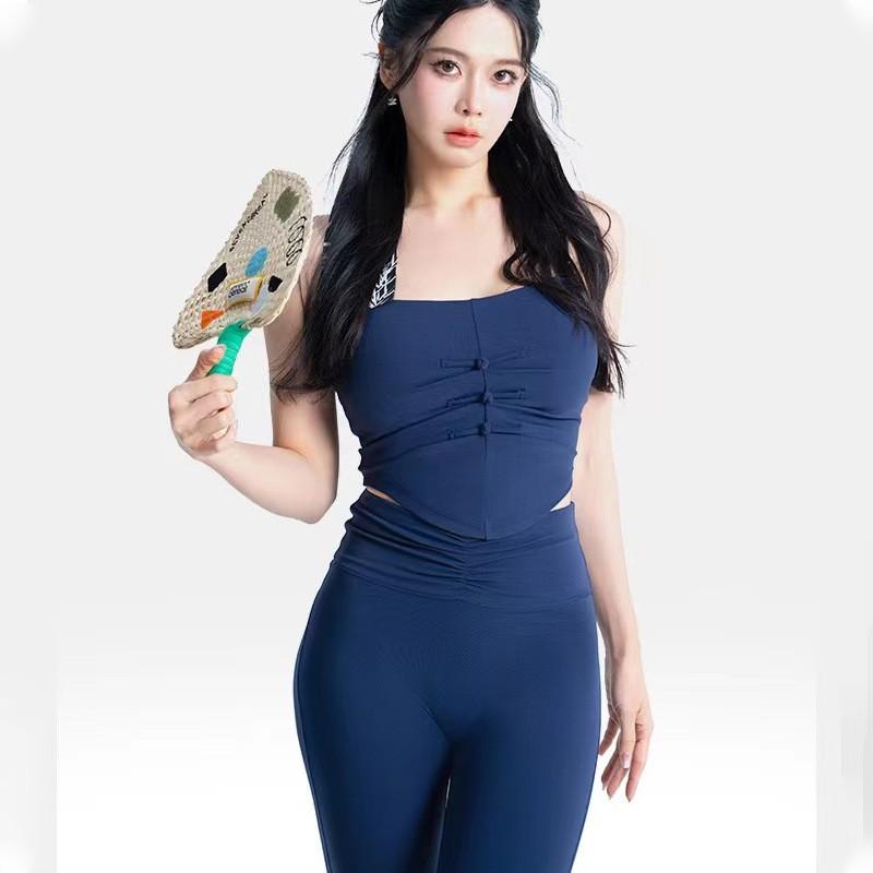 Womens Yoga Set With Built-in Bra Pad Quick-Dry Tank Top High-Waisted Flared Split Leggings 2-Piece Sportswear