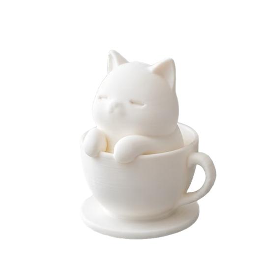 yangyizhi 3D Printed Cute Cat Teacup Figurine, Mini Animal Statue Healing Decor Ornament, Smooth White Desktop Sculpture with Integrated Stable Base,