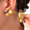 French Retro Colored Diamond Butterfly Hollow Stud Earrings, Medieval Vintage Light Luxury Metal Style Temperament Earrings