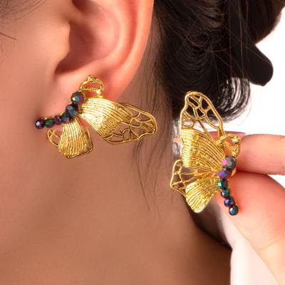 French Retro Colored Diamond Butterfly Hollow Stud Earrings, Medieval Vintage Light Luxury Metal Style Temperament Earrings