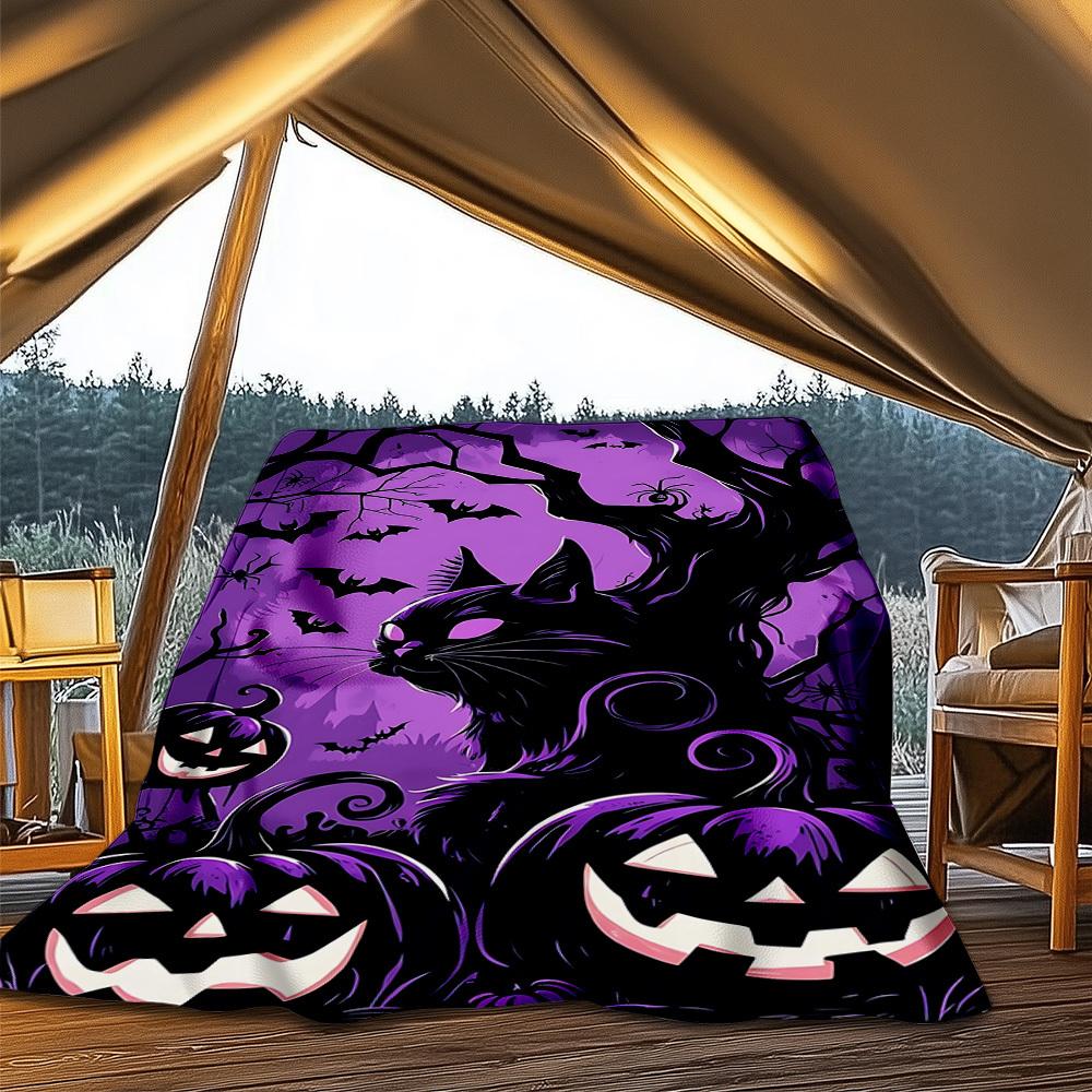 1pc Spooky Pumpkins Throw Blanket Polyester Fiber, Lightweight Flannel, Soft & Warm, All Season Use for Outdoor, Camping Digital Print