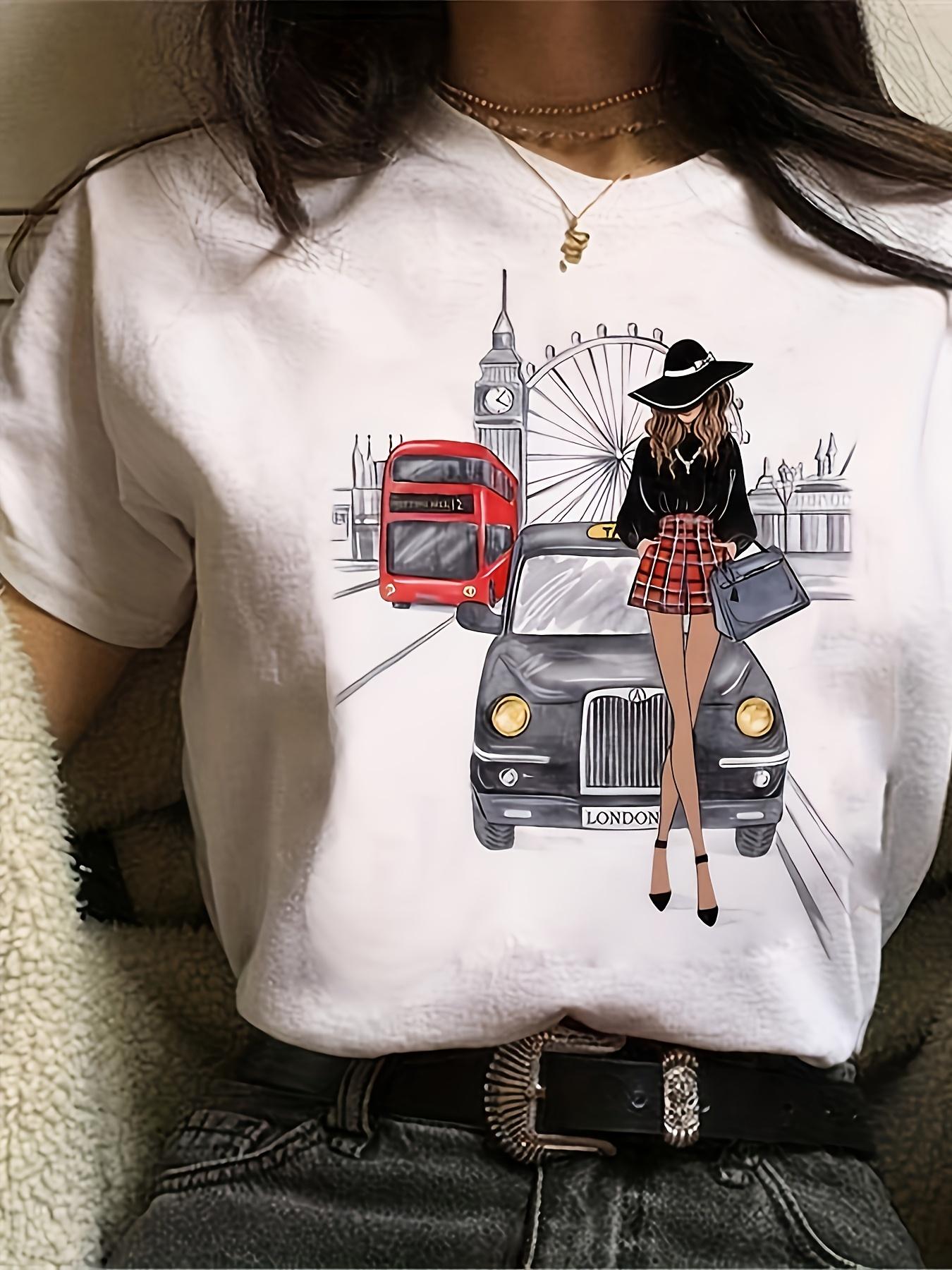 

Women s Casual T-Shirt with London Graphic Print - Big Ben & Red Bus Design, Travelthemed Apparel, Cityscape Design S