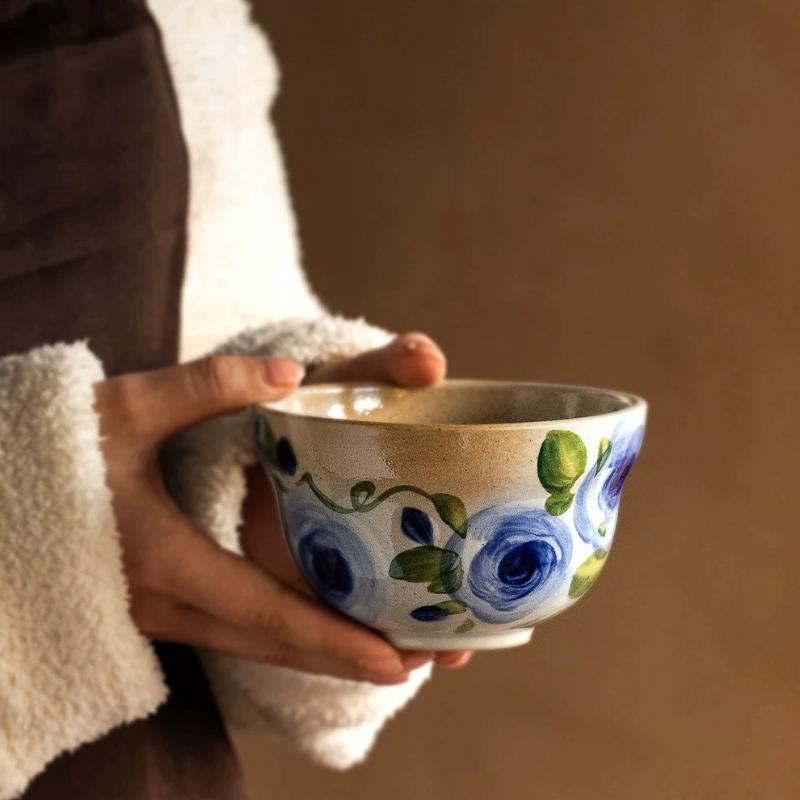 Creative Retro Pastoral Style Ceramic Bowl Hand-painted Flower Household Breakfast Bowl Soup Bowl Underglaze Color Chinese Tableware Jingdezhen