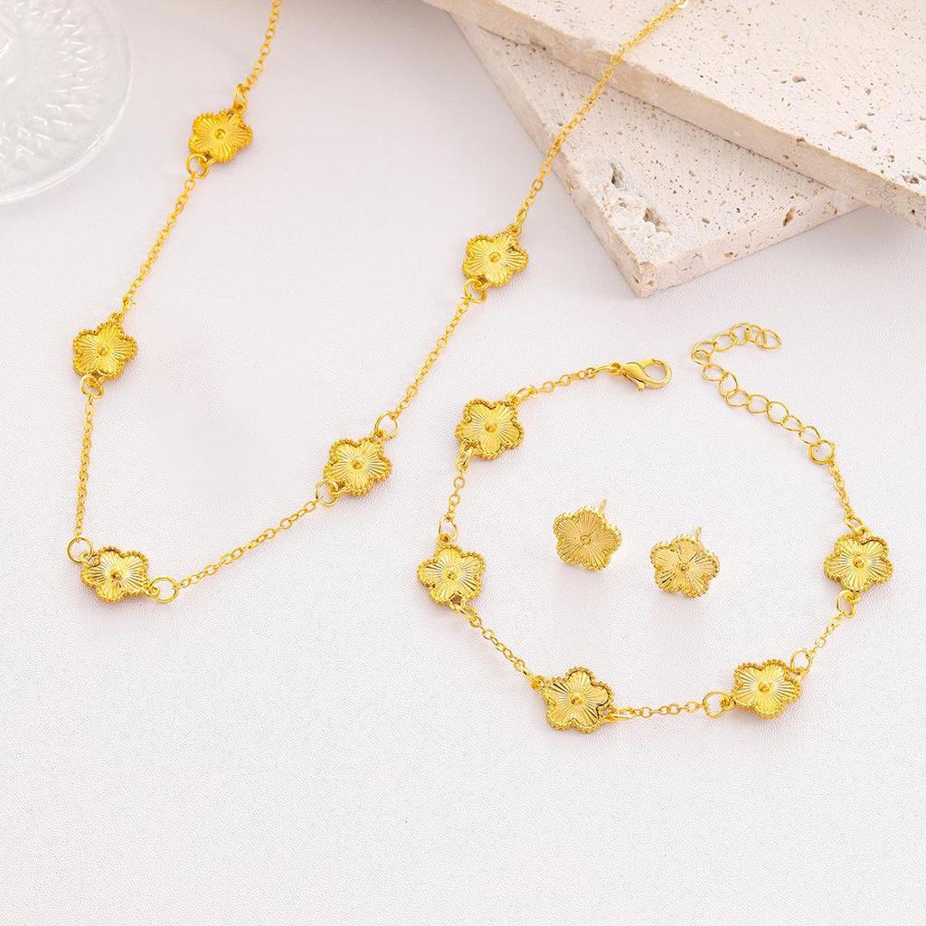 Lucky Five-Leaf Clover Jewelry Set: Necklace, Bracelet, Earrings, and Ring – Elegant European & American Style for Women