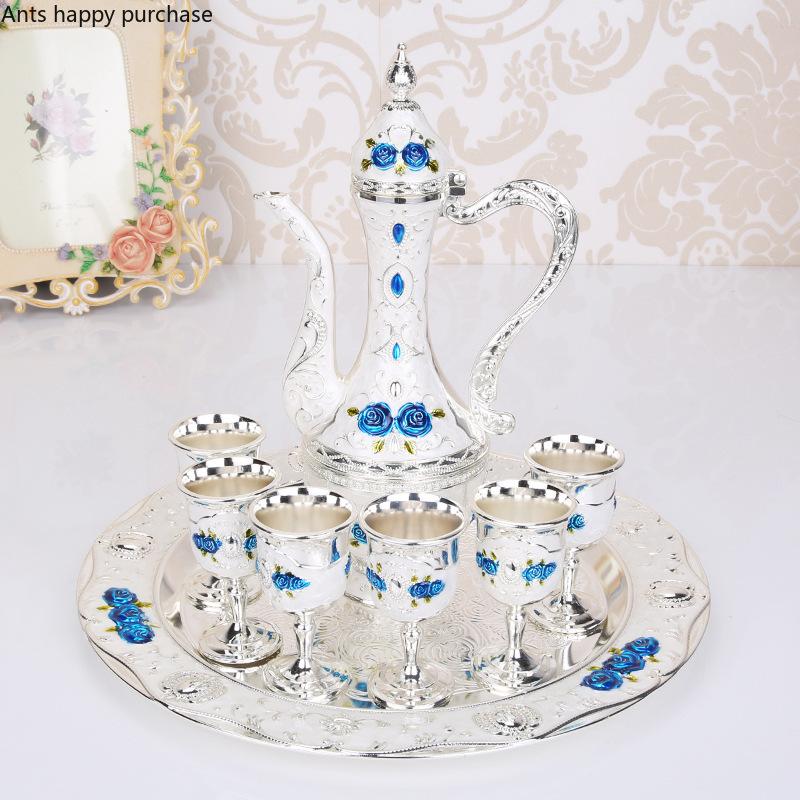 Palace Style Wine Set Metal Hip Flask Wine Glass 8-piece Set Wedding Drinkware Wine Glass Set Shot Glasses Sets Exquisite Gift