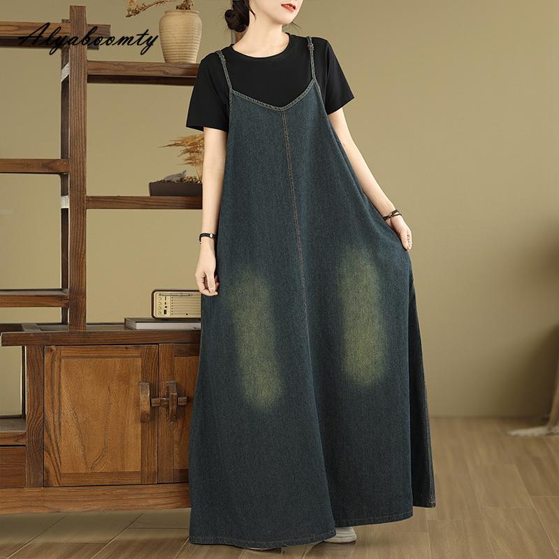 

Корейская мода весна осень женщины плюс размер миди джинсовый сарафан подтяжки мешковатый винтажный стираный хлопок длинное платье без рукавов с карманами L