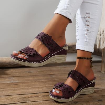 Women Slippers Plus Size Women's Shoes Retro Roman Sandals Women Pu Casual Flower Wedge Sandals Platform Slippers