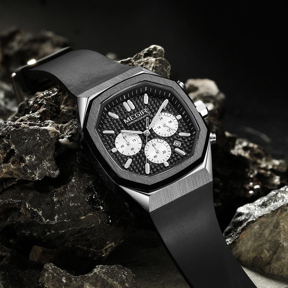 Megir Sport Watch Men Chronograph Quartz Wristwatch with Date Octagon Dial Luminous Hands Silicone Strap
