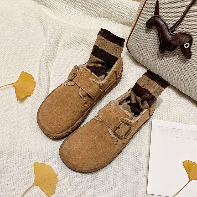 Fashion New Winter Cow Suede Women Pumps Shoes for Women Fashion Buckle Round Toe Warm Loafers Platform Shoes Zaptos Mujer Brown Shoes