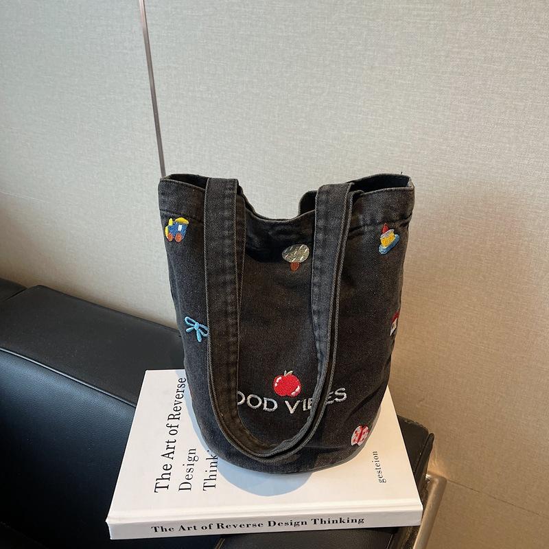 

Ретро сумка-ведро большая вместимость женская новая через плечо на плечо джинсовая вышитая дорожная сумка-ведро чёрный
