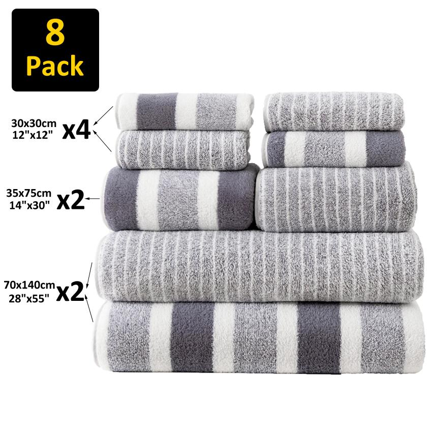 8PCS Striped Towels Set Quick Dry Absorbent Bathroom Towels, 2x Bath Towels 2x Hand Towels 4x Washcloth, for Adults Home Spa