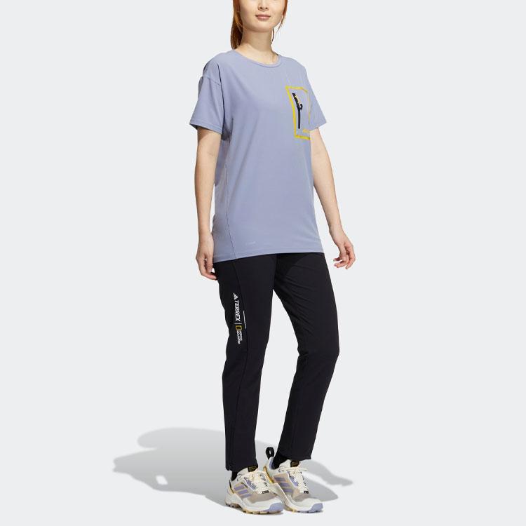 Adidas X National Geographic Logo Print Round Neck Short Sleeve T-Shirt Women Tops Silver-Grey Violet IC1996