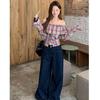 Plus Size Retro Plaid Flared One-Shoulder Top with Long Sleeves