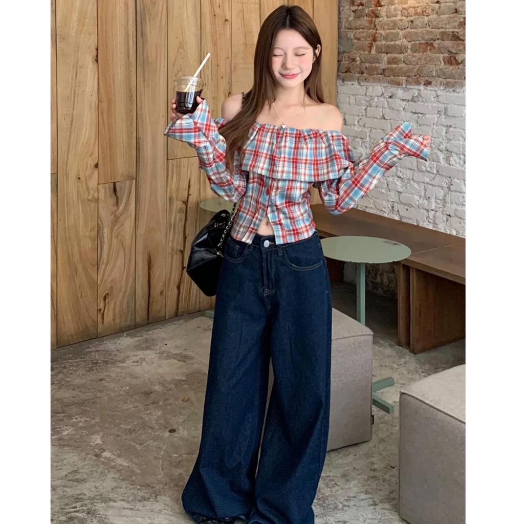 Plus Size Retro Plaid Flared One-Shoulder Top with Long Sleeves