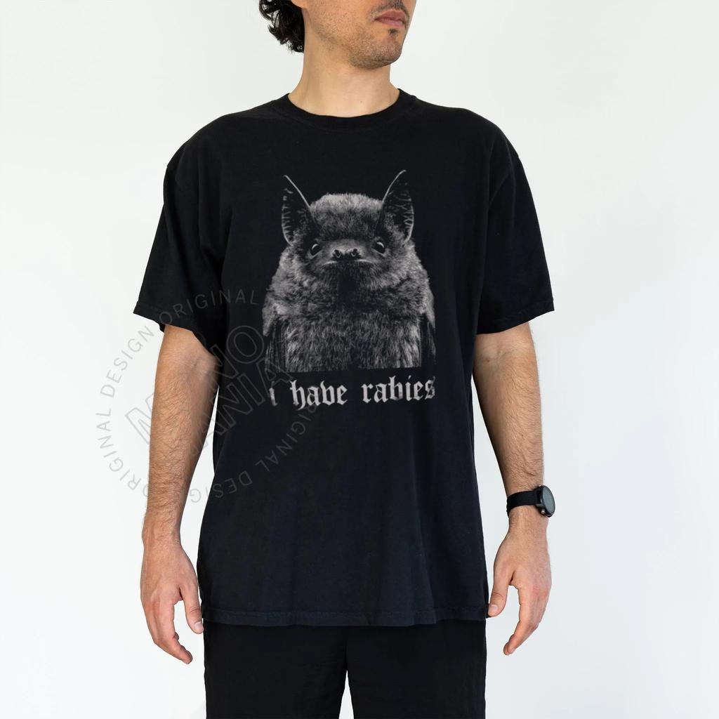 "I Have Rabies" Bat Pattern T-shirt, Y2K Retro Style Short-sleeved Quirky Emoji, Black Humorous Men's and Women's T-shirts