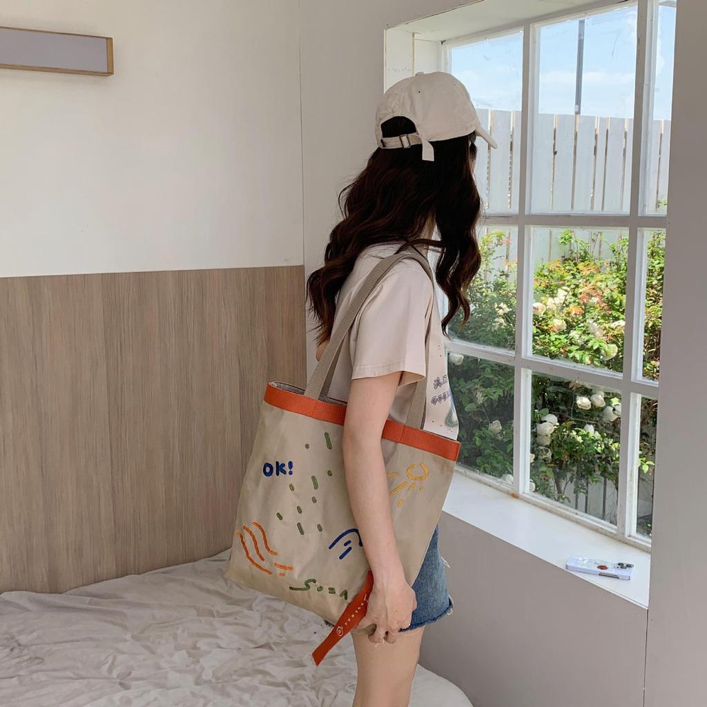 Women Color Contrast Weave Belt Canvas Shoulder Bag Embroidered Large Capacity Student Tote Bag