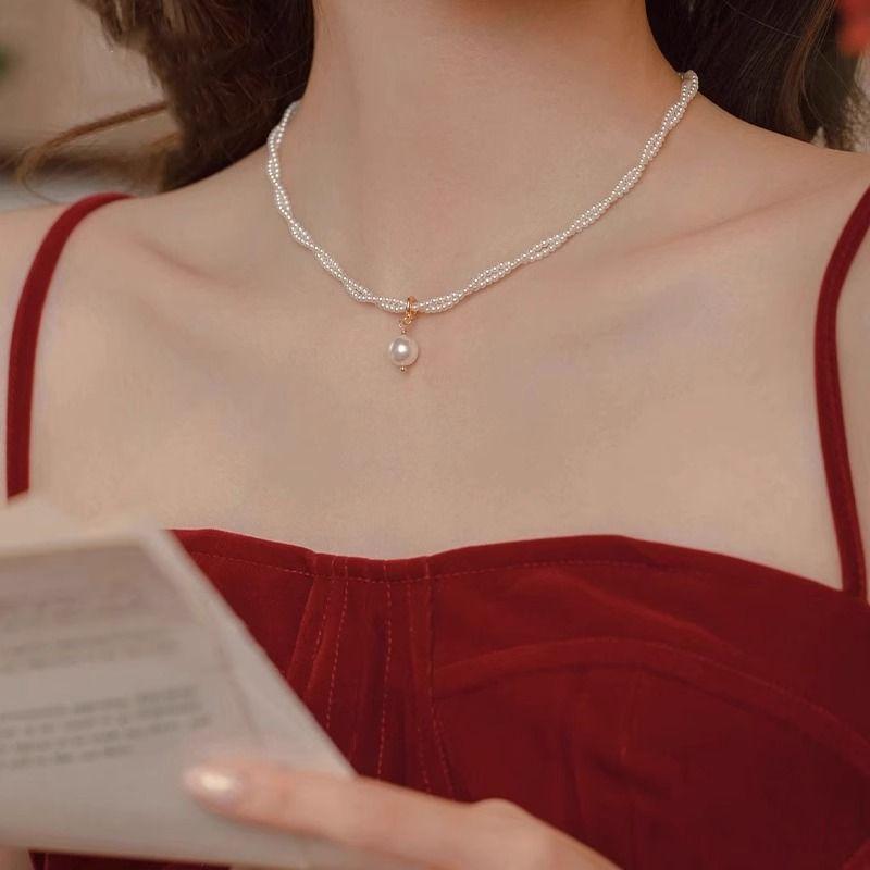 

Fashion Retro Clavicle Chain French Style Temperament Twin Pearl Silver