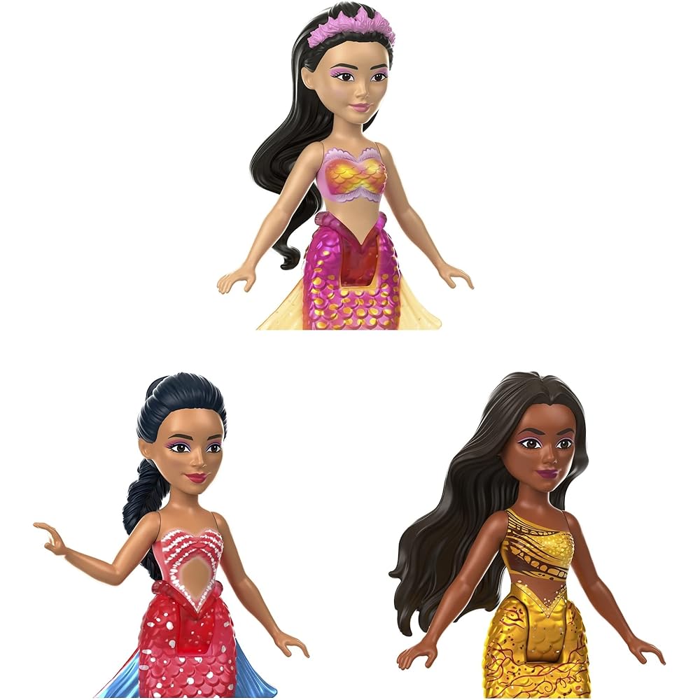 Mattel Disney Little Mermaid Mini Doll Set 7 Pieces Glitter Tail Movable Dress-Up Dolls Ages 3+
