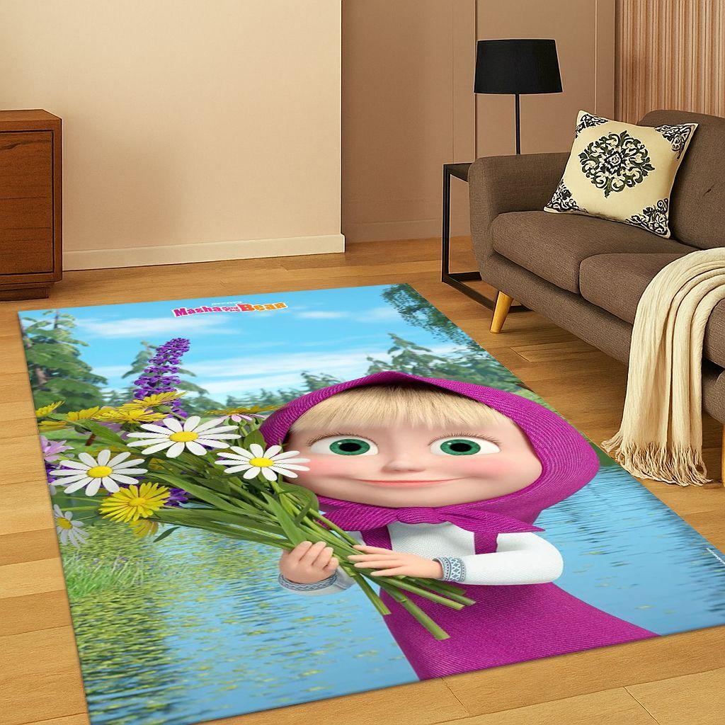 Covor Desen Animat 3D Masha și Ursul pentru Dormitor Sufragerie Canapea Preș de Intrare Decor Casă, Covor Zonă Joc Copii Antiderapant Cadou de Crăciun