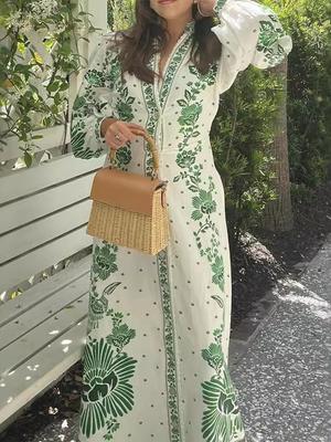 France Chic Elegante Grün Gedruckt Kleider Frauen Fashion Floral Volle Hülse Taille Kleidung Neue Design Retro Sanfte Urlaub Kleid