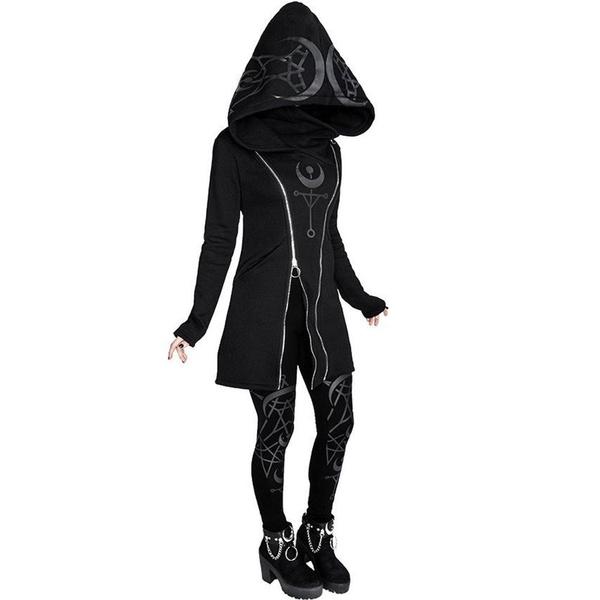 Damska gotycka kurtka z kapturem Street Goth Punk Style czarna długa bluza z kapturem Harajuku Oversized Zip-up Y2K znosić topy