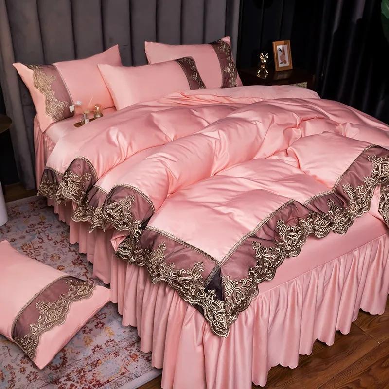 European Style Bed Skirt Four-piece Suit Non-slip Lace Bedspread Thicken Sanding Lace Quilt Cover Pillowcase Bed Linings