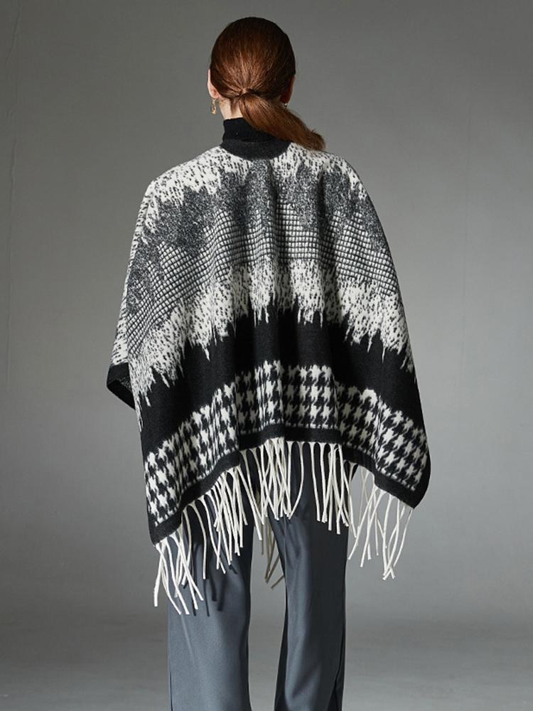 Winter Scarf Women Layers Poncho Elegant Wool Houndstooth Print Tassel Wraps Shawl Scarve Capa Para Pashmina Cloak High Quality