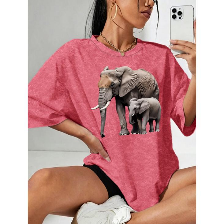 Women's Snowflake Print Short Sleeve Shirt T Shirt Elephant mother and child print round neck casual elegant vintage style skin-friendly soft