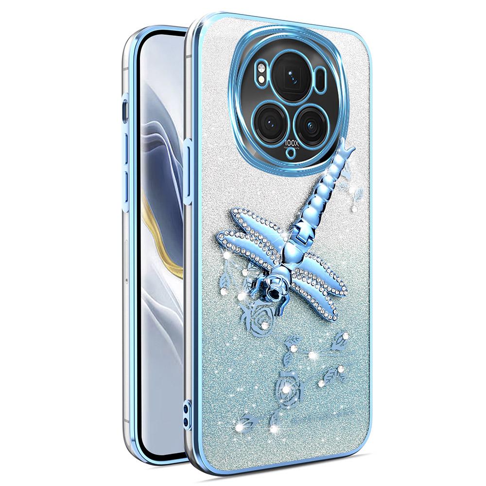 

For Honor Magic6 5G Case Dragonfly Kickstand TPU Flowers Glitter Phone Cover Blue