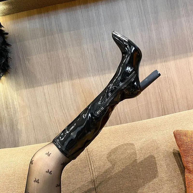 Women's Boots Long Footwear Winter Knee High Shaft Shoes for Woman Very Heel Square Toe Black Novelty Work Fashion New Rock